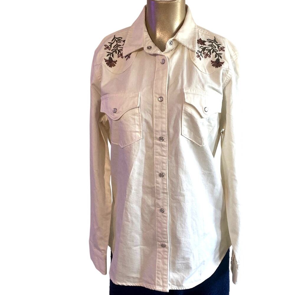 NWT Vintage Threads S by Como Embroidered Western Denim Snap Front Shirt Cream